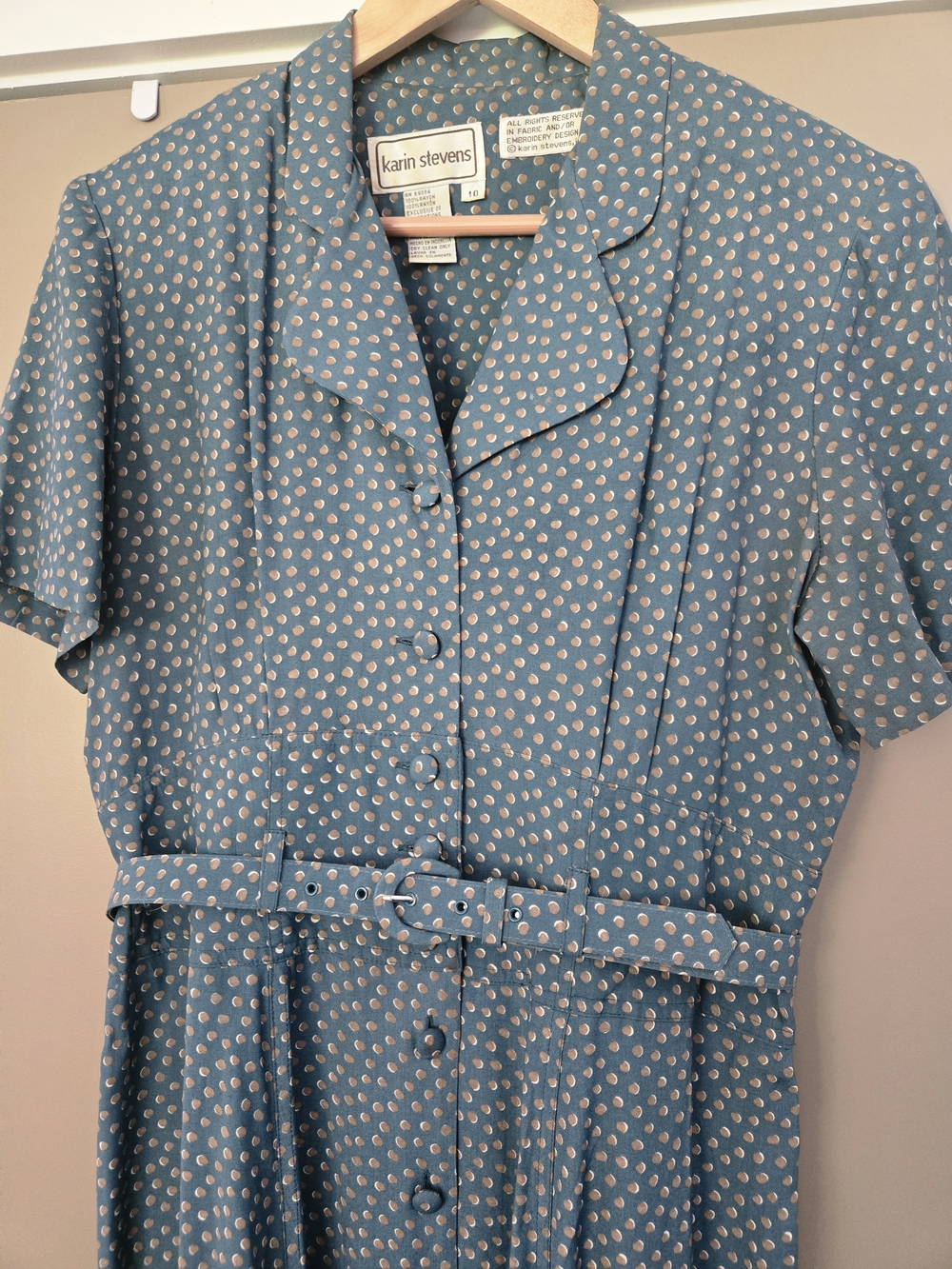 Vintage 90s Teal Polka Dot Midi Dress Karin Stevens Rayon Button Front Tie Waist